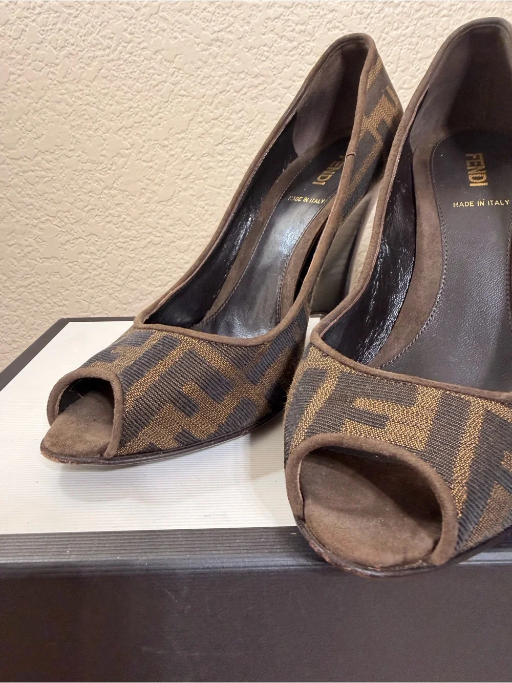 Fendi Brown Monogram Peep-Toe Heels size 38/ 8 in excellent condition